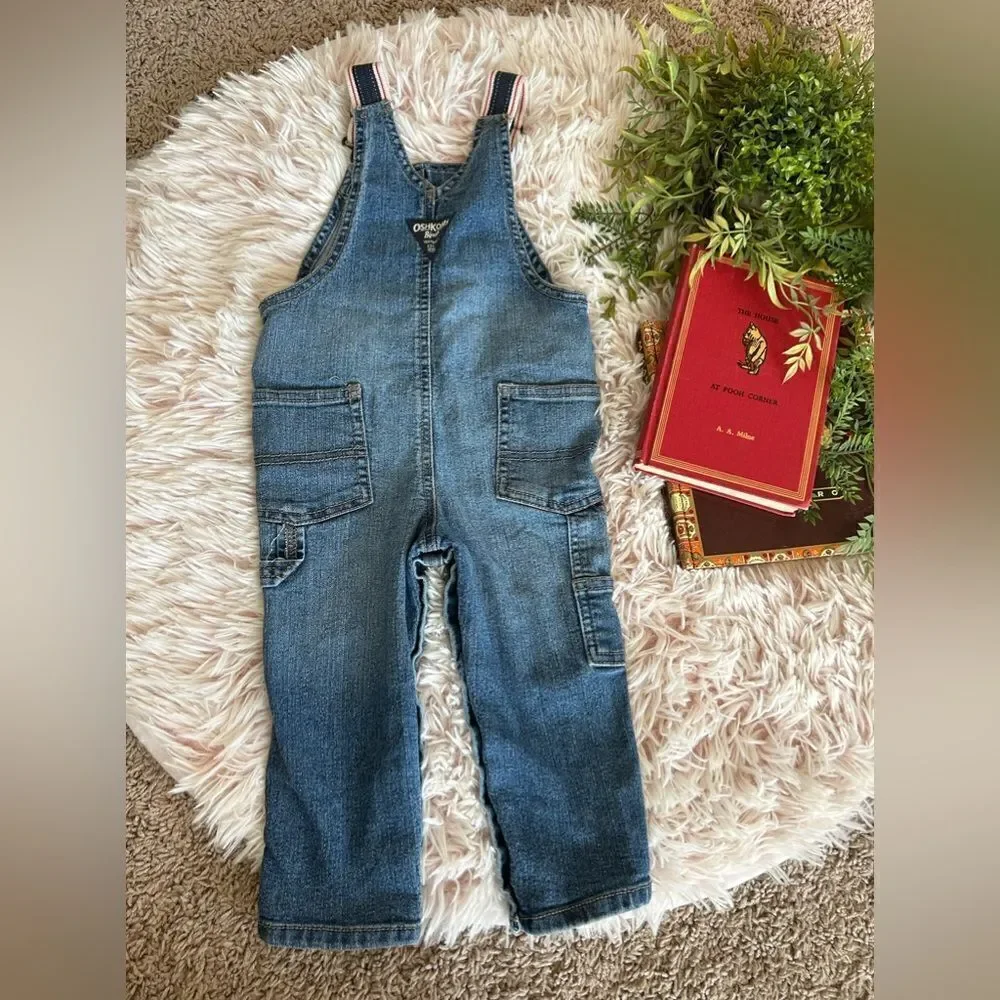 Oshkosh B’gosh Blue Jean Denim Vestbak Stripe Strap Overalls Baby‎ Sz 18 Mo